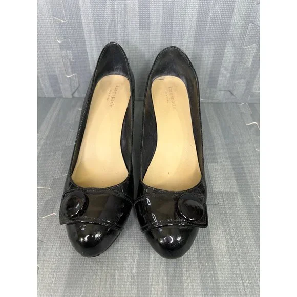 Kate Spade Patent Leather Shoes Black 8.5 Womens Round Toe Textured - Picture 2 of 10